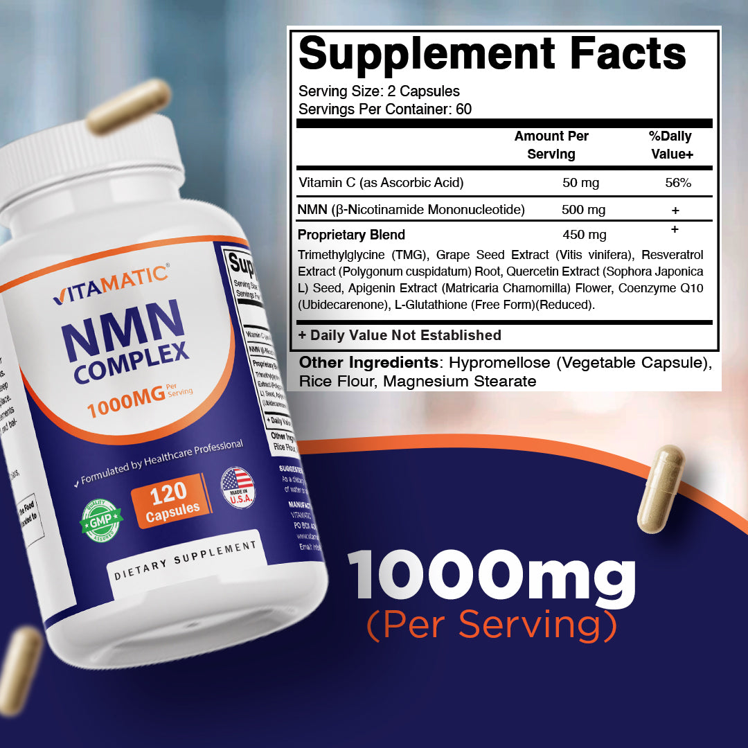 NMN Complex 1000 mg Per Serving – Made with Resveratrol, CoQ10, TMG – 120 Vegetable Capsules