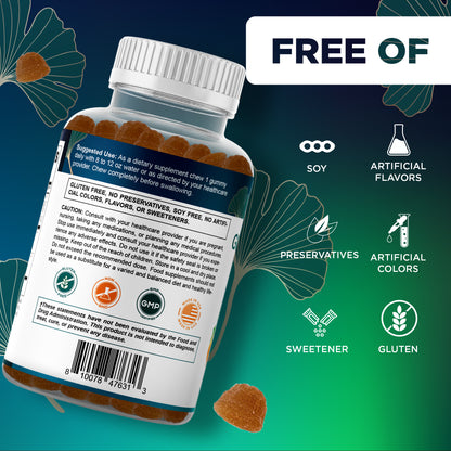 Vitamatic Ginkgo Biloba & Bacopa Gummies – Plant-Based Botanical Extract – Natural Peach Flavor – Vegan, Non-GMO, Gluten-Free – Herbal Supplement – 60 Count