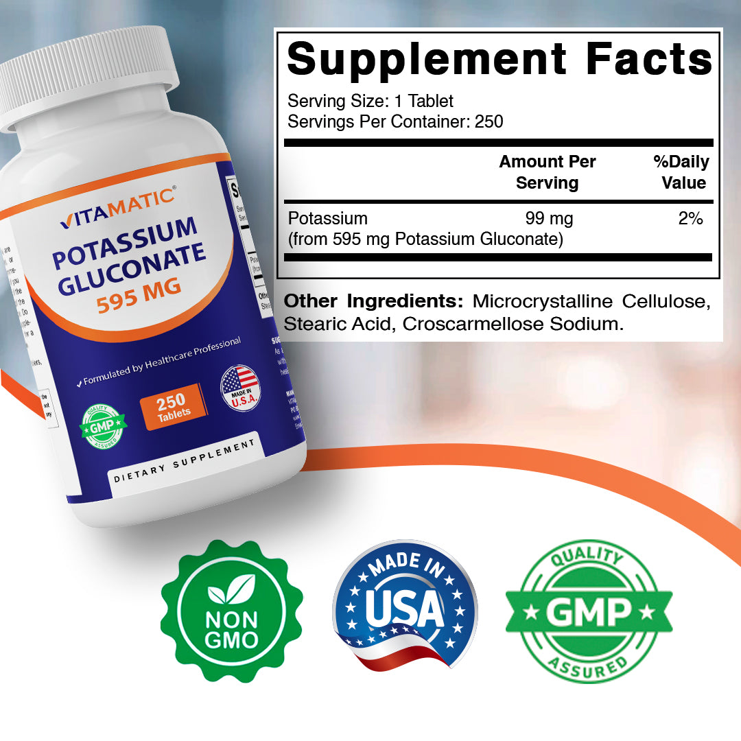 Potassium Gluconate 595 mg – 250 Tablets – Non-GMO, Made in USA