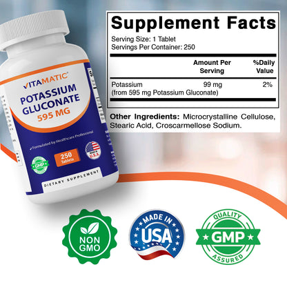 Potassium Gluconate 595 mg – 250 Tablets – Non-GMO, Made in USA