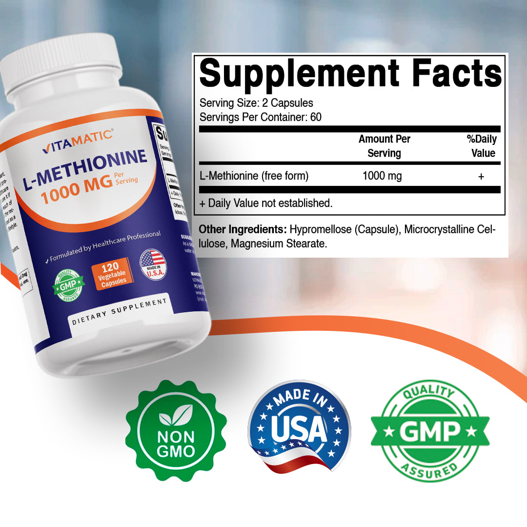Vitamatic L-Methionine 1000 mg per Serving, 120 Vegetarian Capsules