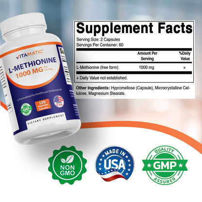 Vitamatic L-Methionine 1000 mg per Serving, 120 Vegetarian Capsules