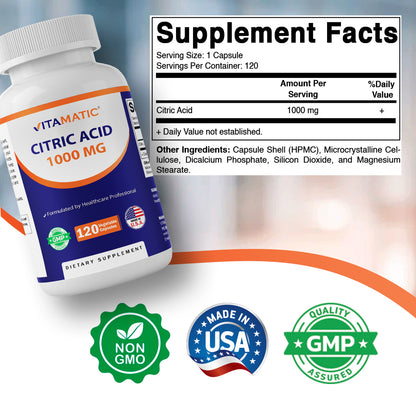 Citric Acid 1000 mg, 120 Vegetable Capsules