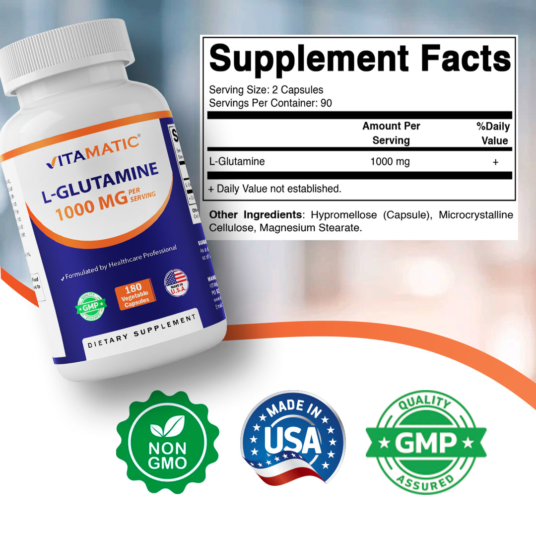 Vitamatic L-Glutamine 1000 mg Per Serving, 180 Vegetarian Capsules, Non-GMO, Gluten Free, Amino Acid Supplement, Made in the USA