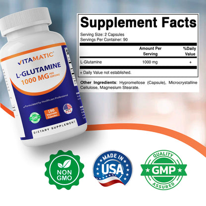 Vitamatic L-Glutamine 1000 mg Per Serving, 180 Vegetarian Capsules, Non-GMO, Gluten Free, Amino Acid Supplement, Made in the USA