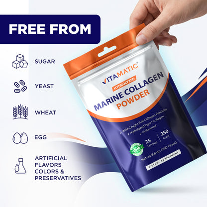 Hydrolyzed Marine Collagen Powder 250g (8.8 oz) – Wild-Caught Fish Collagen Peptides – Type I Collagen – Unflavored Protein Powder – 10g per Serving