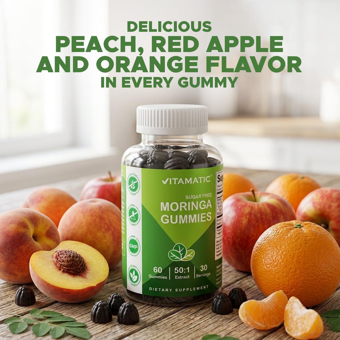 Vitamatic Sugar-Free Moringa Gummies - 10000 mg per Serving - 60 Pectin-Based Gummies - Essential Minerals Supplement - Clean Fitness - Multicolor Flavors - Non-GMO & Gluten-Free - Natural & Vegan