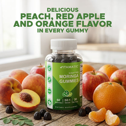 Vitamatic Sugar-Free Moringa Gummies - 10000 mg per Serving - 60 Pectin-Based Gummies - Essential Minerals Supplement - Clean Fitness - Multicolor Flavors - Non-GMO & Gluten-Free - Natural & Vegan