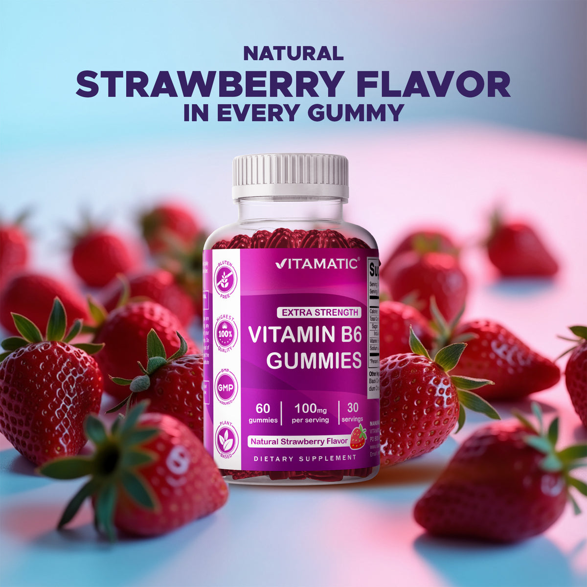 Vitamatic Vitamin B6 100mg Strawberry Gummies, 60 Count
