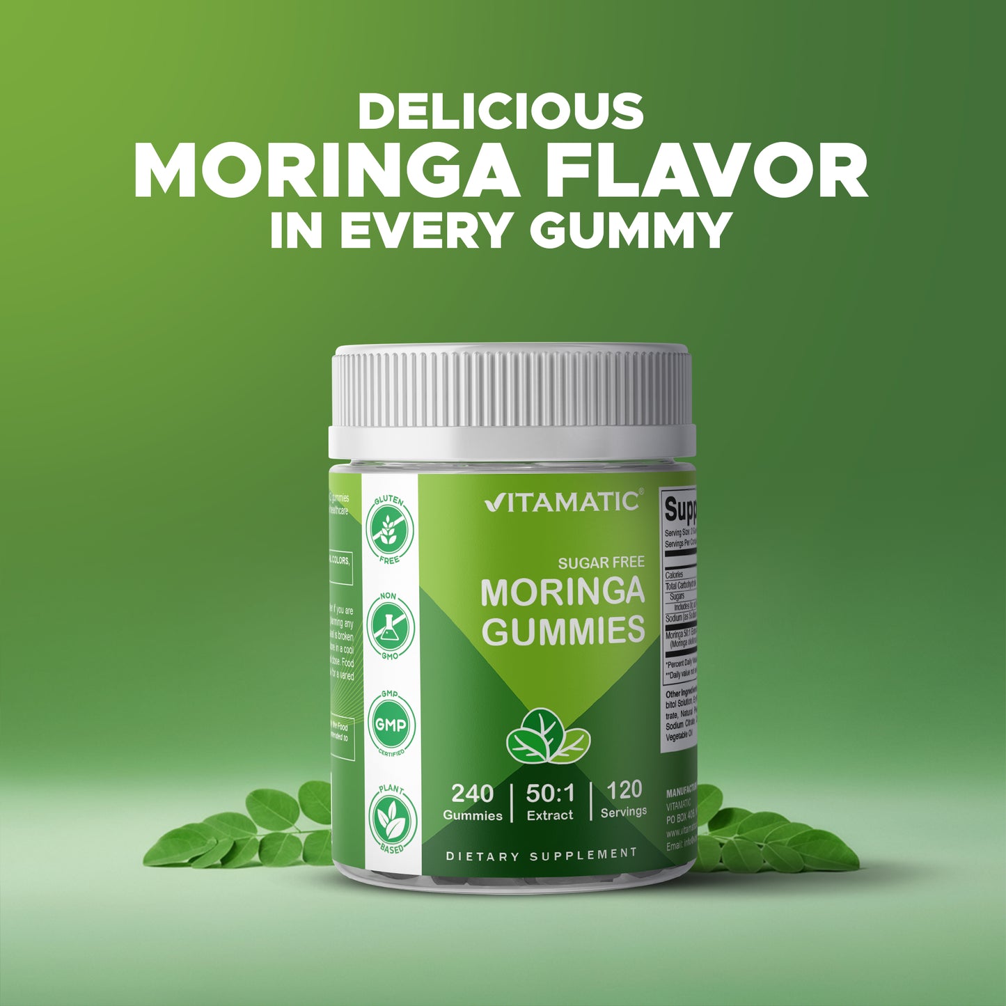 Vitamatic Moringa Gummies – Sugar-Free 50:1 Plant-Based Extract – Green Superfood – Pectin-Based, Vegan, Non-GMO – 240 Gummies