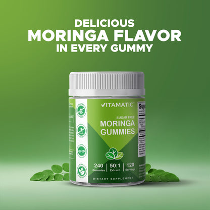Vitamatic Moringa Gummies – Sugar-Free 50:1 Plant-Based Extract – Green Superfood – Pectin-Based, Vegan, Non-GMO – 240 Gummies