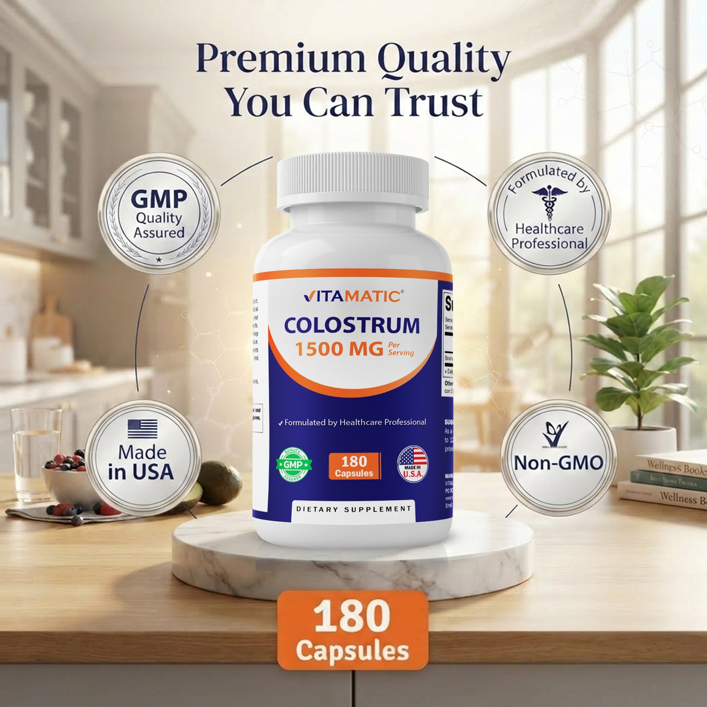 Vitamatic Bovine Colostrum 30% IgG Supplement 1500 mg per Serving-180 Veg Capsules
