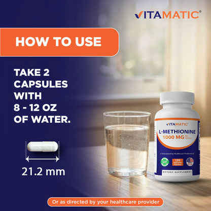 Vitamatic L-Methionine 1000 mg per Serving, 120 Vegetarian Capsules