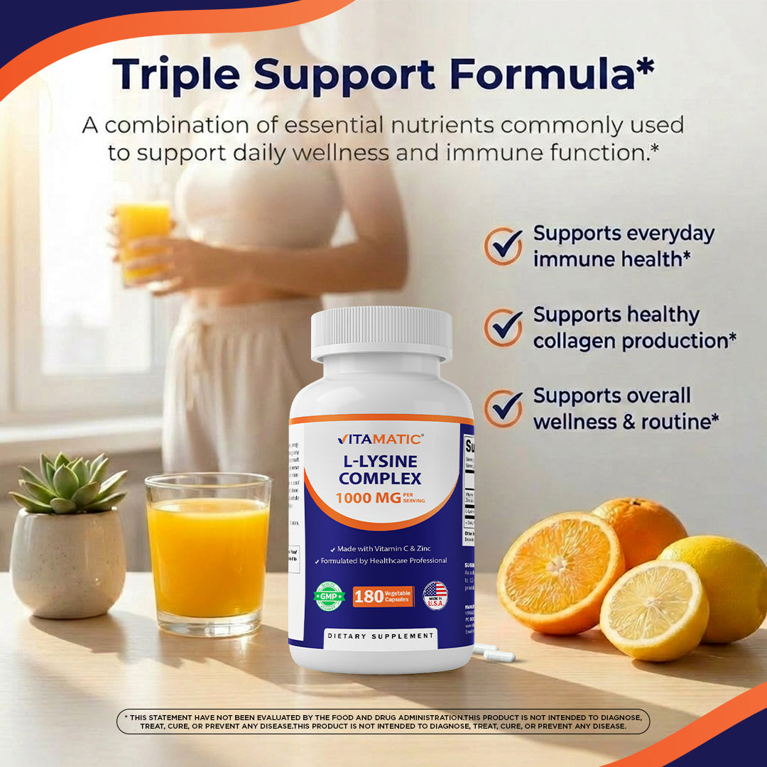 L-Lysine Complex 1000 mg with Vitamin C  & Zinc – 180 Vegetable Capsules