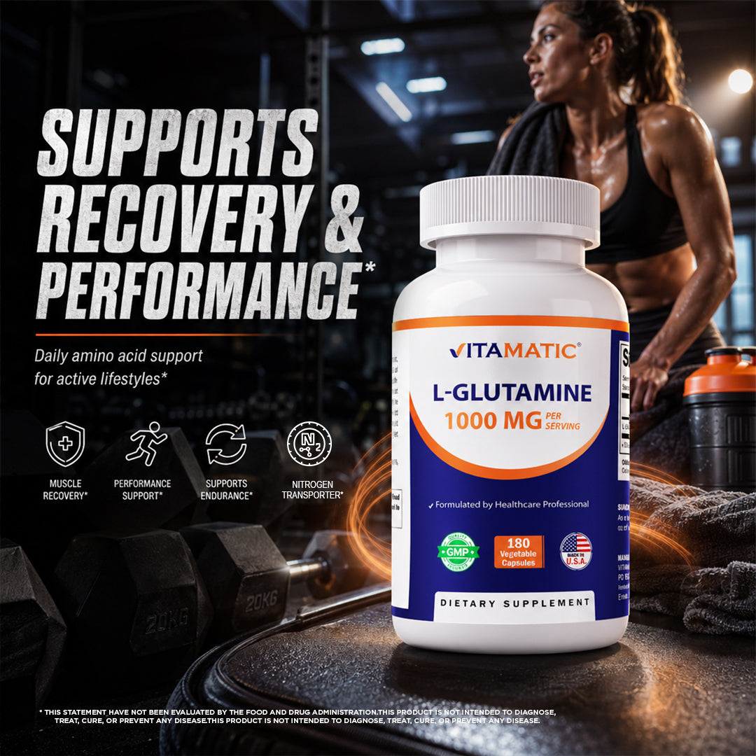 Vitamatic L-Glutamine 1000 mg Per Serving, 180 Vegetarian Capsules, Non-GMO, Gluten Free, Amino Acid Supplement, Made in the USA