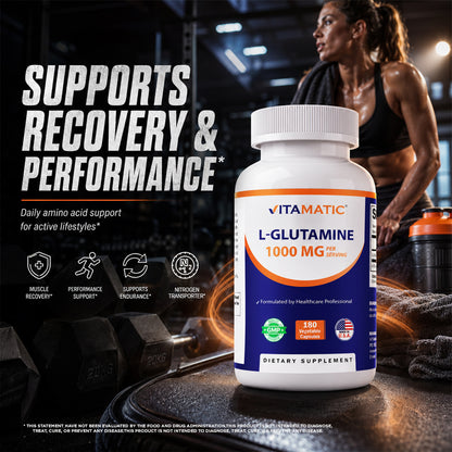 Vitamatic L-Glutamine 1000 mg Per Serving, 180 Vegetarian Capsules, Non-GMO, Gluten Free, Amino Acid Supplement, Made in the USA