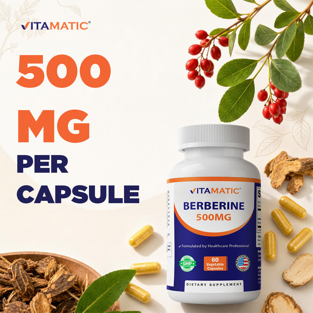 Vitamatic Berberine 500mg Supplement, 60 Veg Capsules