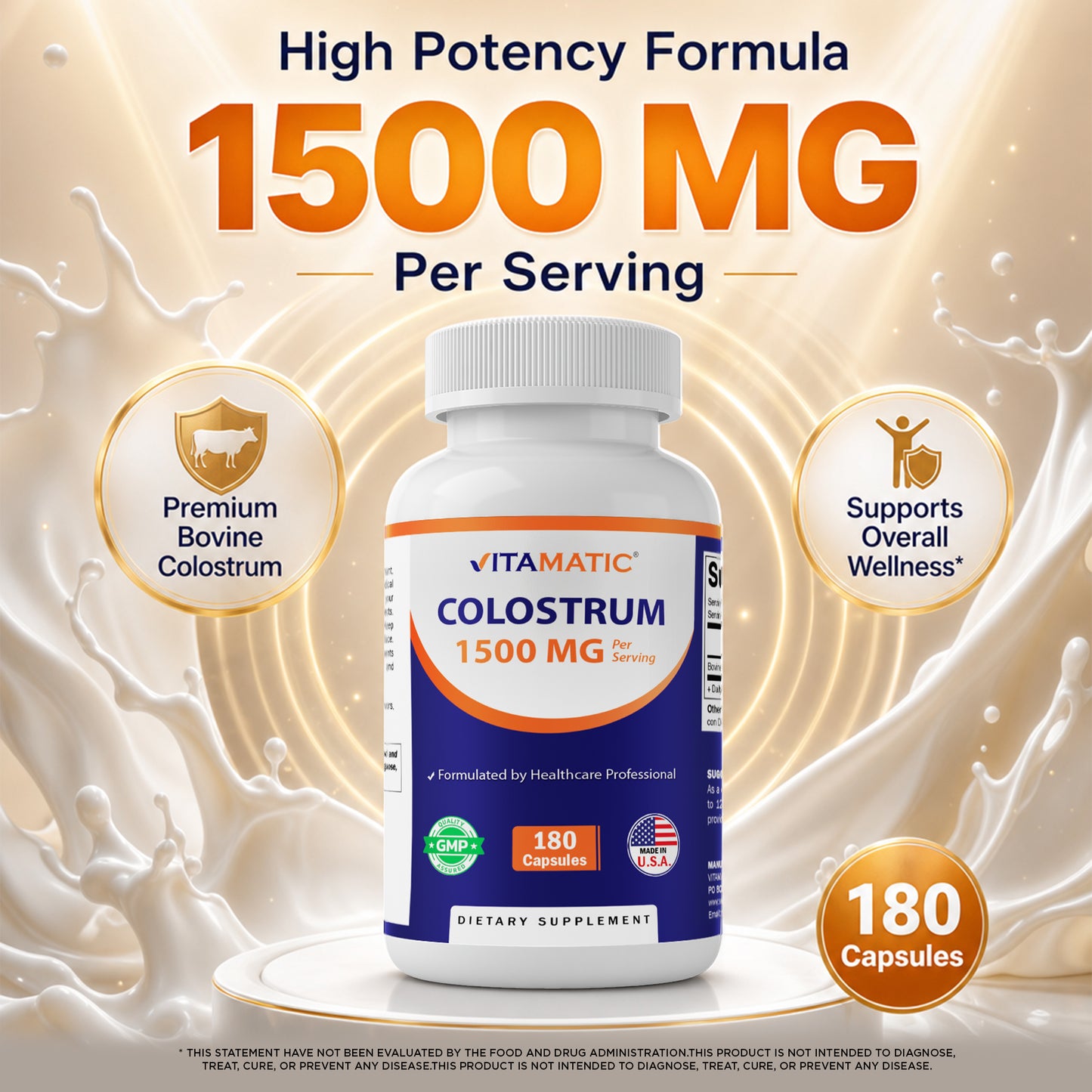 Vitamatic Bovine Colostrum 30% IgG Supplement 1500 mg per Serving-180 Veg Capsules