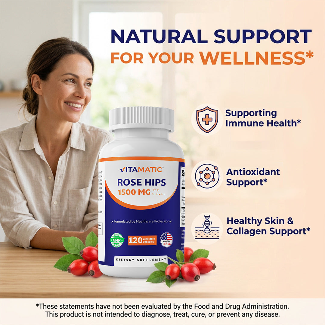 Vitamatic Rose Hips 1500 mg per Serving (Rosa Canina) – 120 Capsules – Non-GMO, Gluten Free Herbal Supplement – Rich in Natural Vitamin C & Antioxidants – Immune Support – Made in USA