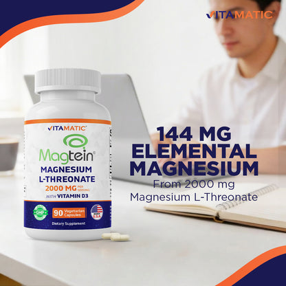 Magtein Magnesium L-Threonate 2000 mg with D3 – 90 Vegetarian Capsules