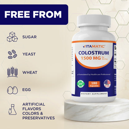 Vitamatic Bovine Colostrum 30% IgG Supplement 1500 mg per Serving-180 Veg Capsules