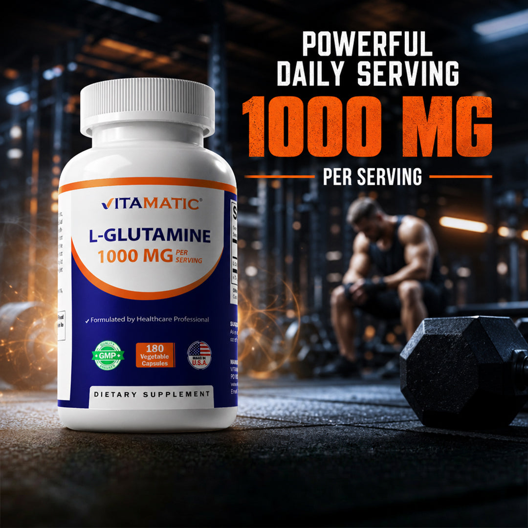 Vitamatic L-Glutamine 1000 mg Per Serving, 180 Vegetarian Capsules, Non-GMO, Gluten Free, Amino Acid Supplement, Made in the USA