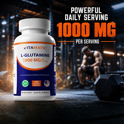 Vitamatic L-Glutamine 1000 mg Per Serving, 180 Vegetarian Capsules, Non-GMO, Gluten Free, Amino Acid Supplement, Made in the USA
