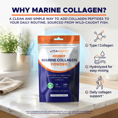 Hydrolyzed Marine Collagen Powder 250g (8.8 oz) – Wild-Caught Fish Collagen Peptides – Type I Collagen – Unflavored Protein Powder – 10g per Serving