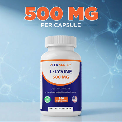 L-Lysine 500 mg, 360 Vegetarian Capsules – Essential Amino Acid Supplement