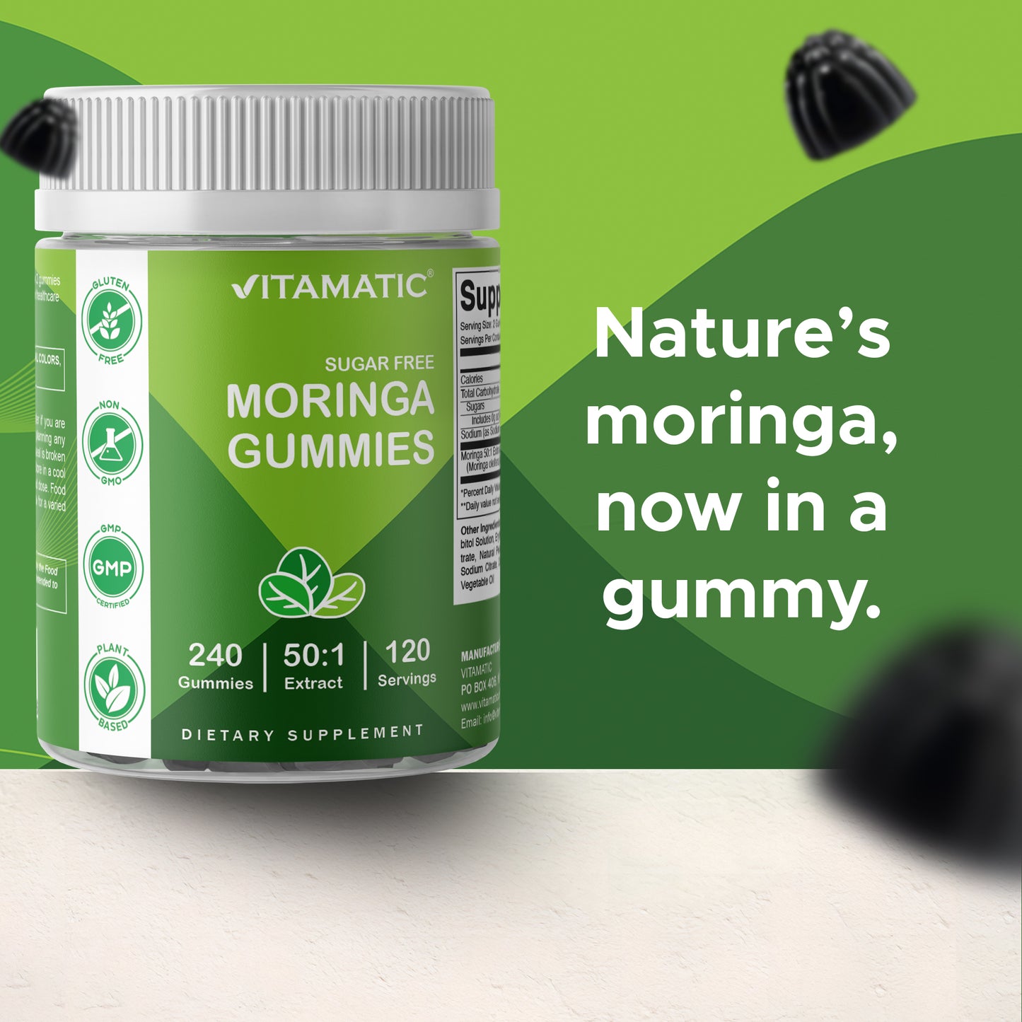 Vitamatic Moringa Gummies – Sugar-Free 50:1 Plant-Based Extract – Green Superfood – Pectin-Based, Vegan, Non-GMO – 240 Gummies