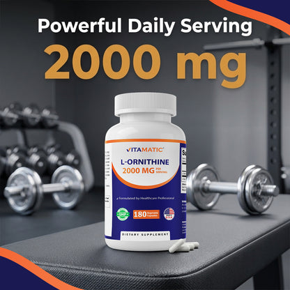 L-Ornithine 2000 mg Per Serving – 180 Vegetable Capsules – Amino Acid Supplement