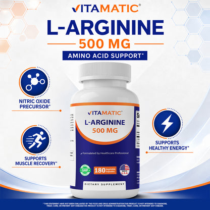 L-Arginine 500mg, 180 Vegetarian Capsules