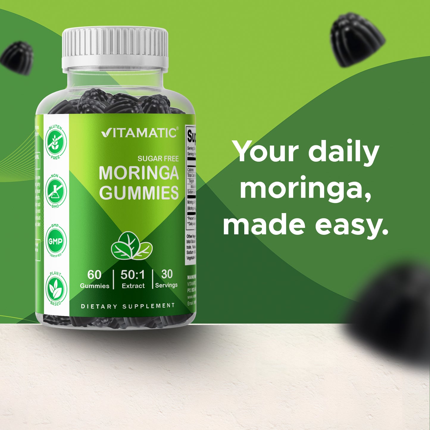 Vitamatic Sugar-Free Moringa Gummies - 10000 mg per Serving - 60 Pectin-Based Gummies - Essential Minerals Supplement - Clean Fitness - Multicolor Flavors - Non-GMO & Gluten-Free - Natural & Vegan