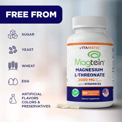 Magtein Magnesium L-Threonate 2000 mg with D3 – 90 Vegetarian Capsules