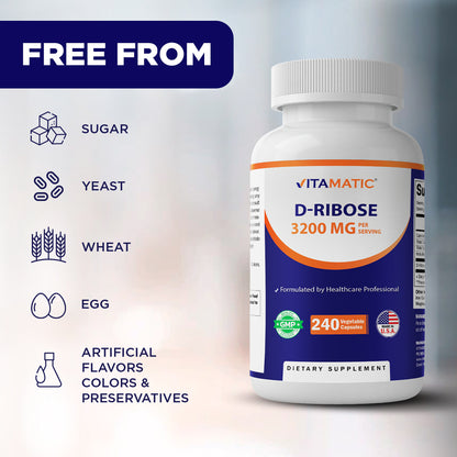 D-Ribose 3200 mg per Serving – 240 Vegetarian Capsules