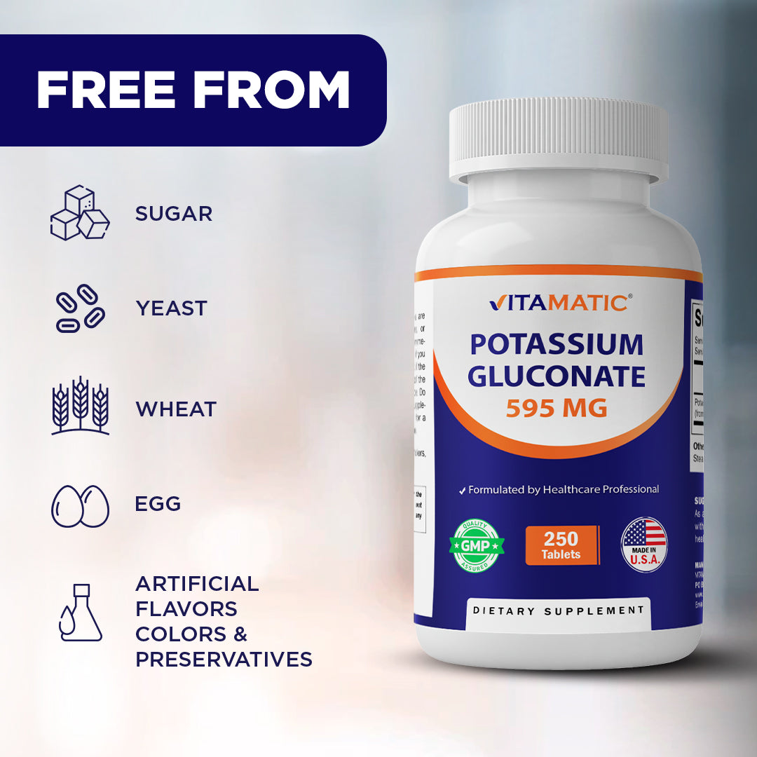 Potassium Gluconate 595 mg – 250 Tablets – Non-GMO, Made in USA