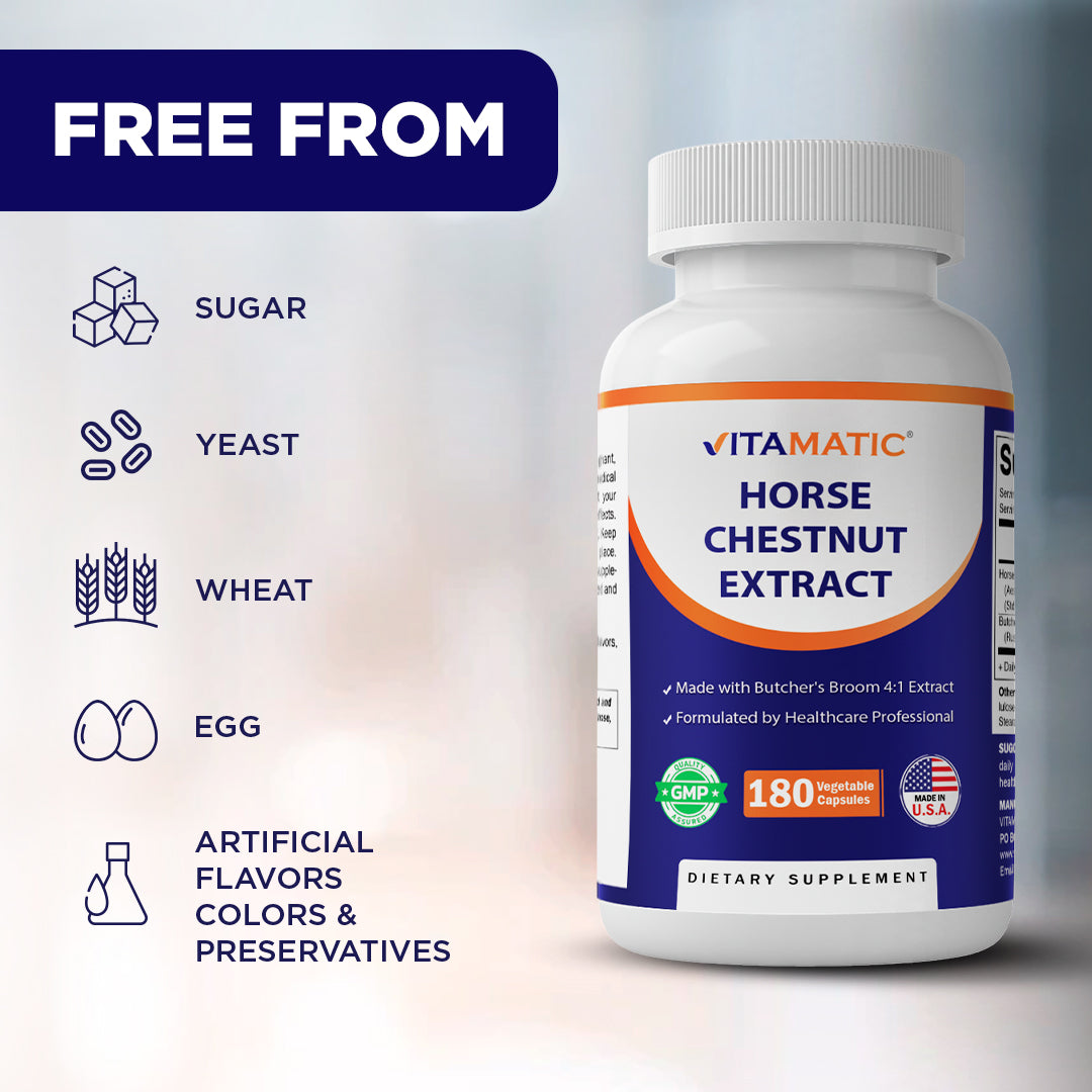 Horse Chestnut Extract 700 mg (Standardized 20% Aescin) with Butcher’s Broom 4:1 Extract 300 mg 180 Capsules