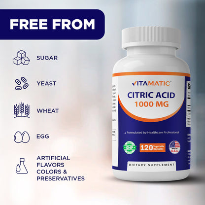 Citric Acid 1000 mg, 120 Vegetable Capsules