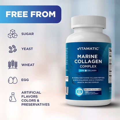 Marine Collagen Complex Type I – 2000 mg per Serving with Hyaluronic Acid, Vitamin C, Biotin, B6 & B12 – 180 Capsules