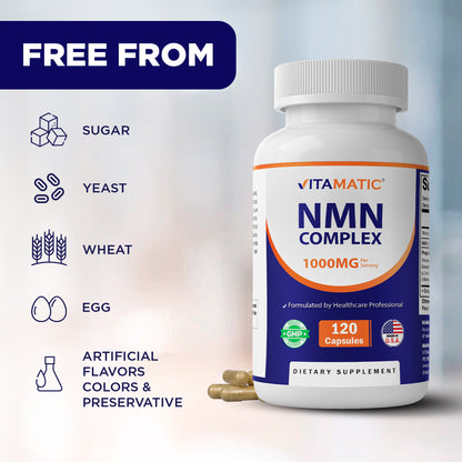 NMN Complex 1000 mg Per Serving – Made with Resveratrol, CoQ10, TMG – 120 Vegetable Capsules