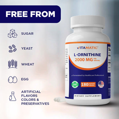 L-Ornithine 2000 mg Per Serving – 180 Vegetable Capsules – Amino Acid Supplement