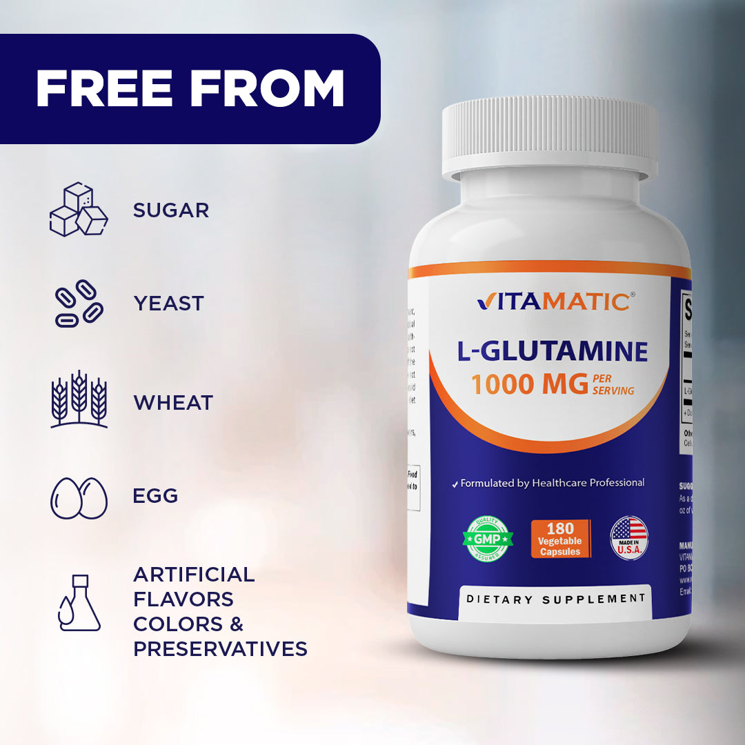 Vitamatic L-Glutamine 1000 mg Per Serving, 180 Vegetarian Capsules, Non-GMO, Gluten Free, Amino Acid Supplement, Made in the USA