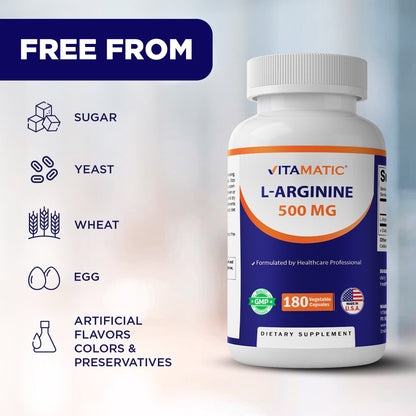 L-Arginine 500mg, 180 Vegetarian Capsules
