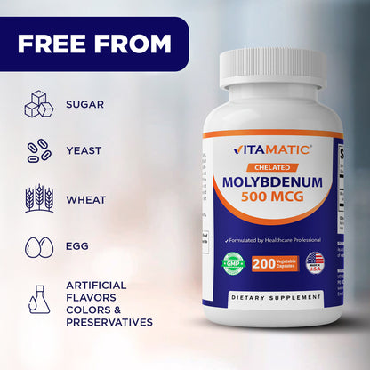 Chelated Molybdenum 500 mcg (as Molybdenum Glycinate Chelate) – 200 Vegetable Capsules