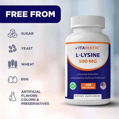 L-Lysine 500 mg, 360 Vegetarian Capsules – Essential Amino Acid Supplement