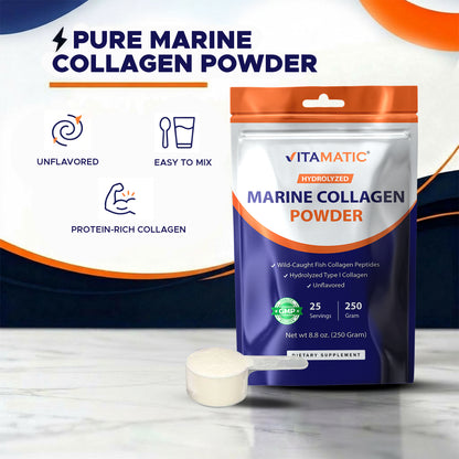 Hydrolyzed Marine Collagen Powder 250g (8.8 oz) – Wild-Caught Fish Collagen Peptides – Type I Collagen – Unflavored Protein Powder – 10g per Serving
