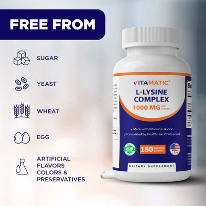 L-Lysine Complex 1000 mg with Vitamin C  & Zinc – 180 Vegetable Capsules