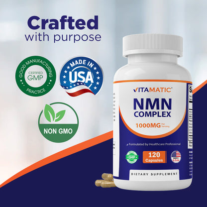 NMN Complex 1000 mg Per Serving – Made with Resveratrol, CoQ10, TMG – 120 Vegetable Capsules