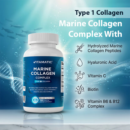 Marine Collagen Complex Type I – 2000 mg per Serving with Hyaluronic Acid, Vitamin C, Biotin, B6 & B12 – 180 Capsules