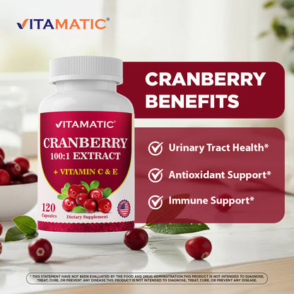 Cranberry 500 mg 100:1 Extract (2 Capsules) with Vitamin C & E – 120 Veg Capsules